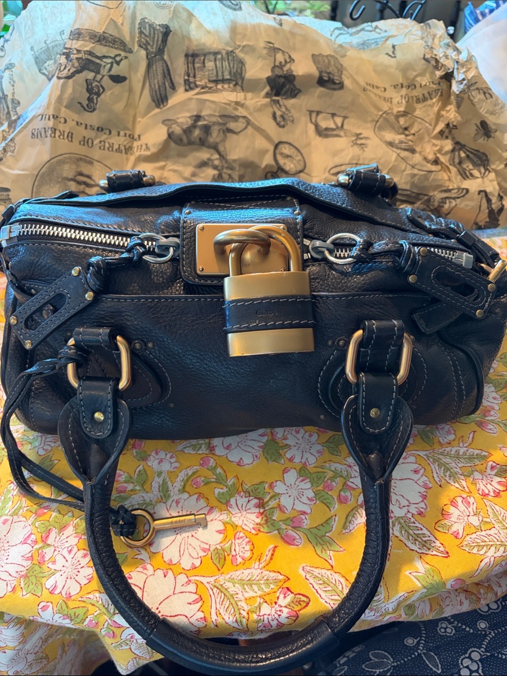 Chloe Vintage Paddington Black Leather Shoulder Bag with Gold Padlock Accent